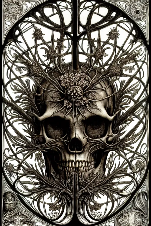 Image similar to art forms of nature by ernst haeckel, memento mori by arthur rackham, ornate antique porcelain beautiful skull mask, ultrasharp, photorealistic, hyperdetailed, octane render, polished, art nouveau, neo - gothic, gothic, intricate ornamental organic filigree, art nouveau botanicals, art forms of nature by ernst haeckel, horizontal symmetry, symbolist, visionary