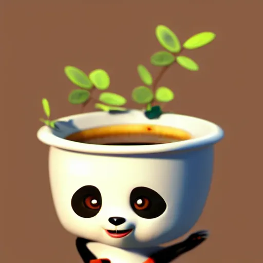 Image similar to a cute panda with big eyes looking at a cup of coffee, bamboos on background. Pixar Disney 4K 3d render funny animation movie Oscar winning trending on ArtStation and Behance. Ratatouille style.