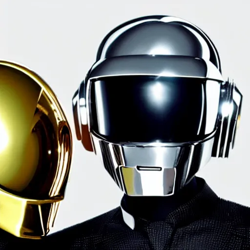 Prompt: daft punk wearing cool cyber helmets