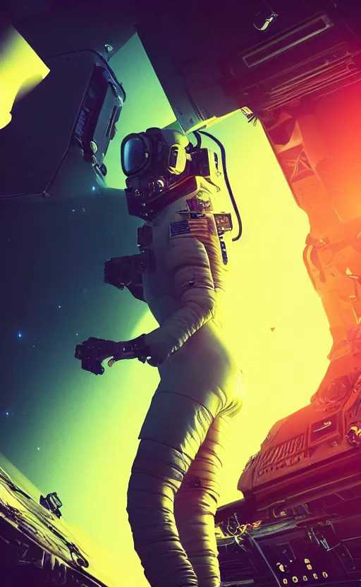 Image similar to professional photo of astronaut from front standing very close to camera from low angle shot, cyberpunk, synthwave, blade runner, hyperrealistic masterpiece, trending on artstation, cgsociety, kodakchrome, golden ratio, cinematic, composition, beautiful lighting, hyper detailed, sharp focus, octane render, 4 k, unreal engine