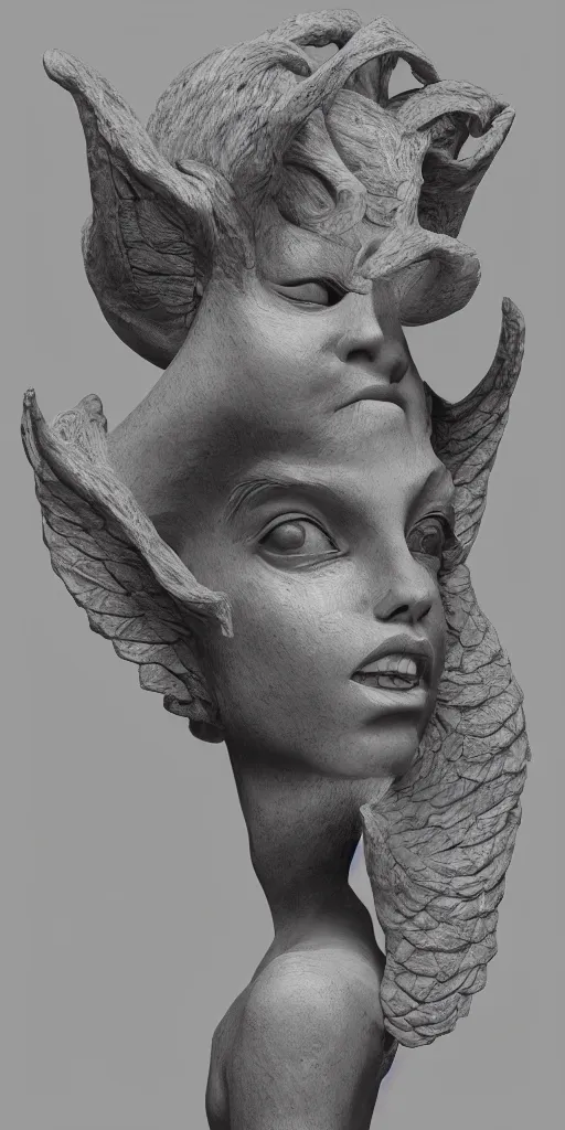 Prompt: a sculpture of mythical creatures by geenss archenti flores, elegant and beautiful female face, carved in stone, intricate, elegant, highly detailed, artstation, concept art, ambient occlusion, vray render,