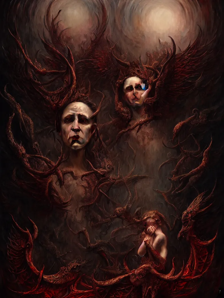 Image similar to epic professional digital art the war between heaven and hell, horrific yet beautiful vibe, evocative, atmospheric lighting, painted, intricate, highly detailed, by leesha hannigan, wayne haag, reyna rochin, ignacio fernandez rios, mark ryden, iris van herpen, artstation, cgsociety, stunning, gorgeous, sharp focus, cinematic, masterpiece