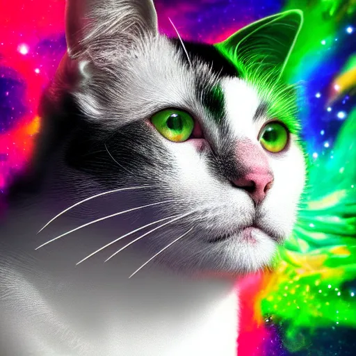 Prompt: Portrait of a black and white cat mob boss in space with colorful bright green eyes, medium shot, hd, 8k, hyper-realism, detailed, octane 8k,