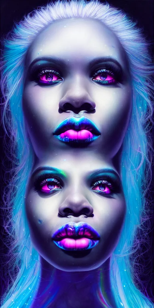 Image similar to hyperrealistic close-up of beautiful black woman with white hair and iridescent blue skin hannah yata dramatic neon lighting