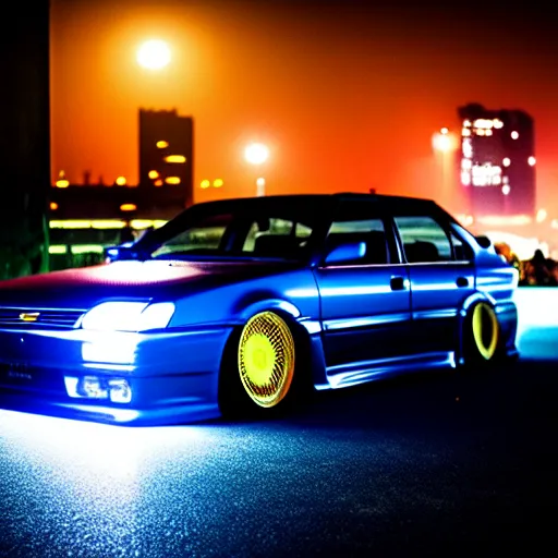 Image similar to a car JZX90 turbo at illegal car meet, Saitama prefecture, city midnight mist neon lights, cinematic color, photorealistic, highly detailed, 200MM