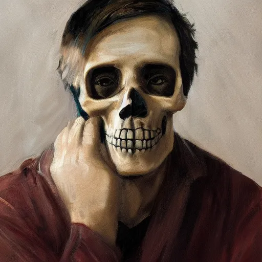 Prompt: portrait painting of a sad man with a skull as his face, 4k,