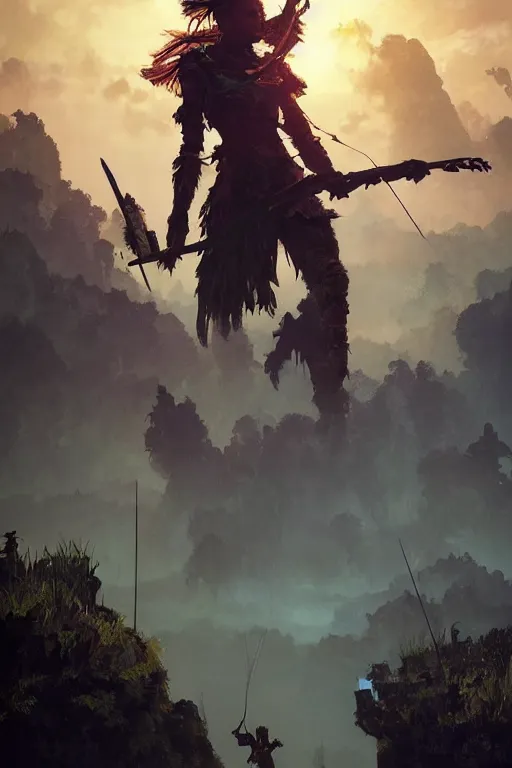 Prompt: !dream Aloy from Horizon Zero Dawn silhoutte, female archer, atmospheric environment, Character Design, demonic presence, Holy Heavenly Host Divine Angelic Army. Beeple, grimshaw, thomas cole, ismail inceoglu, winslow homer, greg rutkowski, gerald brom, marc simonetti, simon stalenhag, anton fadeev, donglu yu