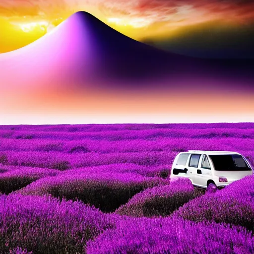 Prompt: giant purple explosion blowing white minivan into the distance