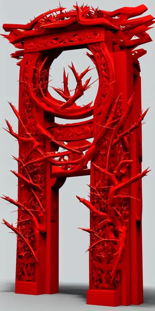 Prompt: 3 d render of a carved red torii gate sculpture, chrometype, made of liquid metal, neotribal with thorns and thunders, japanese temple, raytraced, volumetric lightning, 8 k, by zhelong xu, ouchh and and innate studio