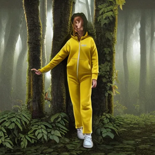 Prompt: Big wall poster artwork of forest by Michael Whelan, Rendering of a dead woman wearing yellow velor sweat suit and dirty heavily worn white keds slip on tennis shoe with toes pointing up covered by dark colored leaves and twigs from the calf and up, Matte painting, trending on artstation and unreal engine