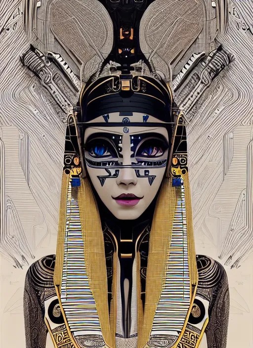 Image similar to highly detailed portrait of a robotoc cyborg long curly white hair egyptian tribal lady, stray wiring by atey ghailan, james gilleard, by joe fenton, by greg rutkowski, by greg tocchini, by kaethe butcher, 4 k resolution, gradient yellow, black and white color scheme!!! ( ( sandstorm robotic pyramid landscape background ) )