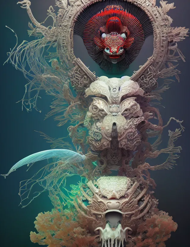 Prompt: 3 d liminal space abandoned temple frontal portrait with ram skull. beautiful intricately detailed japanese crow kitsune mask and clasical japanese kimono. betta fish, jellyfish phoenix, bio luminescent, plasma, ice, water, wind, creature, artwork by tooth wu and wlop and beeple and greg rutkowski