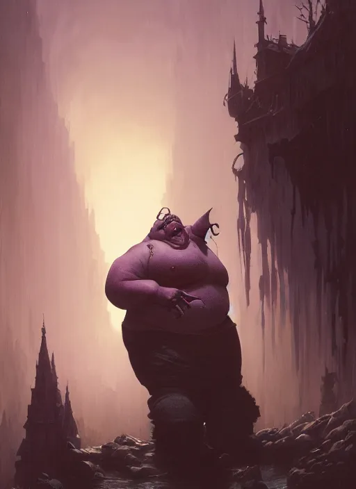 Image similar to highly detailed portrait of a evil very fat obese orc goblin, horror, creepy, unreal engine, fantasy art by greg rutkowski, loish, rhads, ferdinand knab, makoto shinkai and lois van baarle, ilya kuvshinov, rossdraws, tom bagshaw, alphonse mucha, global illumination, radiant light, detailed and intricate environment