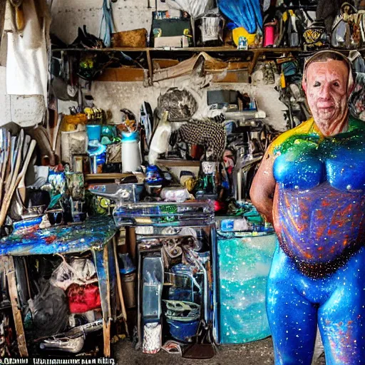 Prompt: a man painted with iridescent bodypaint standing in his cluttered garage, he is covered with barnacles