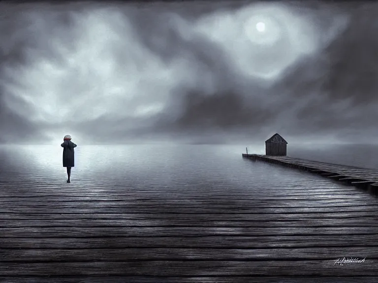 Image similar to a woman standing on a forgotten wharf on a cold sea by rob gonsalves and vladimir kush and ruth deckard and gil elvgren and harry ekman and george petty, crisp details, hyperrealism, high detail, high contrast, low light, grey mist, cobblestones, dim lantern