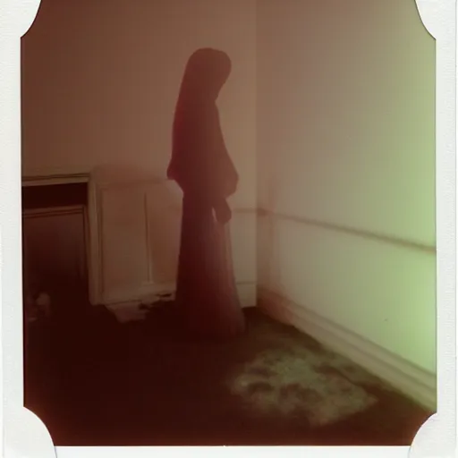 Image similar to coloured atmospheric polaroid 1 9 9 8 photo of a realistic wraith transparent smoky figure in a interior of living room low light