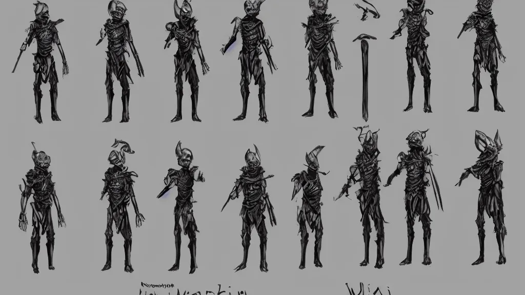 Image similar to a fantasy ninja skeleton warrior character design sheet, trending on artstation