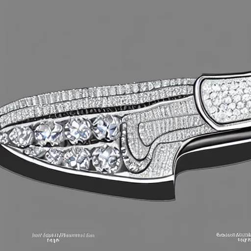 Prompt: knife inlaid of diamonds with engineering description, 8k, details, studio lighting, realism, complex lights