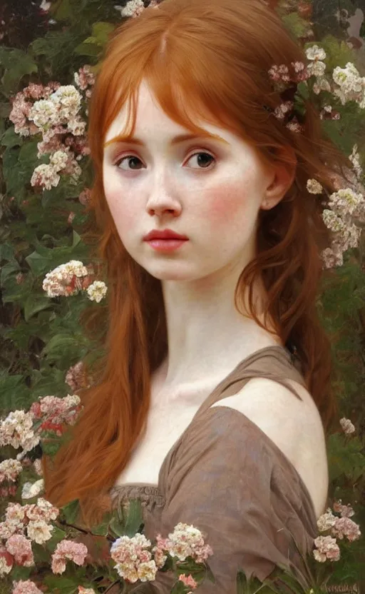 Image similar to a realistic oil painting of a girl resembling karen gillan, covered in flowers, highly detailed, intricate, detailed background, artstation, by mucha, by william adolphe bouguereau, by waterhouse