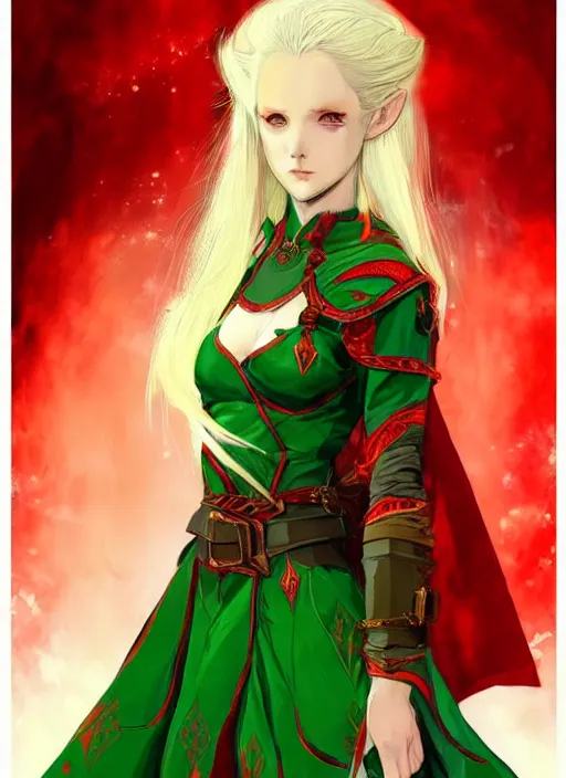 Image similar to Full body portrait of a beautiful young blonde short haired elven princess wearing red, green and gold priest robe. In style of Yoji Shinkawa and Hyung-tae Kim, trending on ArtStation, dark fantasy, great composition, concept art, highly detailed.