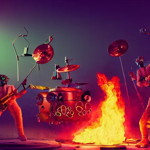 Prompt: ultra detailed a jazz band of aliens playing drums, guitar, saxophone, they are gathered around a flaming dumpster on mars, dark and moody atmosphere, scifi, fantasy, octane render, concept art, bold colours