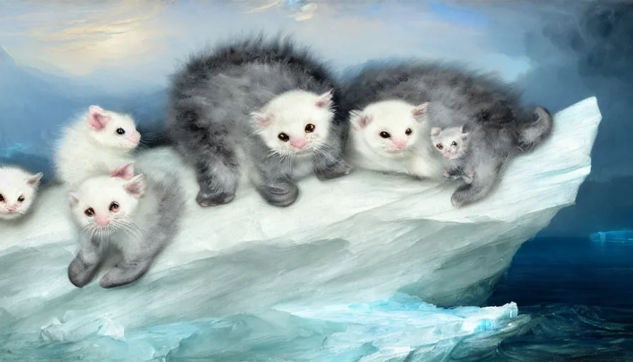 Image similar to highly detailed painting of white cute baby seal furry dragon kitten pandas on a blue and white iceberg by william turner, by greg rutkowski, by william constable, thick brush strokes and visible paint layers, 4 k resolution