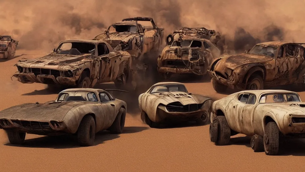 Image similar to mad max cars in a pixar movie