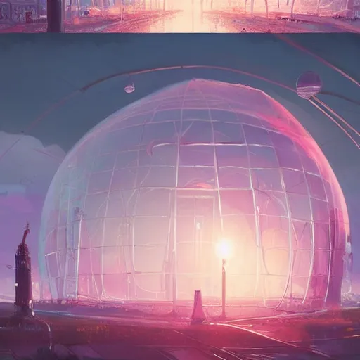 Image similar to A city trapped in a giant transparent dome, bubbles, cinematic lighting, insanely detailed, intricate, artstation, cgsociety, painted by Simon Stalenhag, concept art, illustration, sharp focus,
