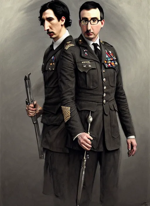 Image similar to painting of both john oliver and adam driver together, john oliver, stoic, full body, military uniform, fantasy, intricate, elegant, beautiful, highly detailed, charcoal, centered, dark, smokey, digital painting, concept art, smooth, sharp focus, illustration, art by artgerm, art by greg rutkowski, art by alphonse mucha