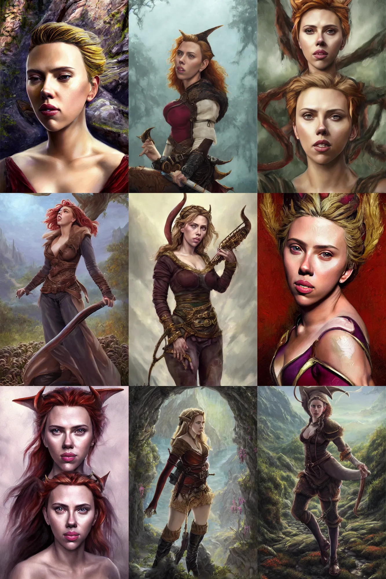 Prompt: a full body high detail fantasy portrait oil painting illustration of scarlett johansson as a beautiful sophisticated posing bard with elf ears by justin sweet with face and body clearly visible, in a scenic background, pupils visible, realistic proportions, d & d, rpg, forgotten realms, artstation trending, high quality, sombre mood, artstation trending, muted colours, entire person visible!