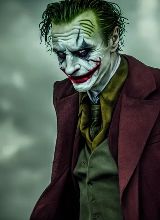 Image similar to Liam Neeson as the Joker, realistic, studio photography, 4k, cinematic lighting, explosion in the background