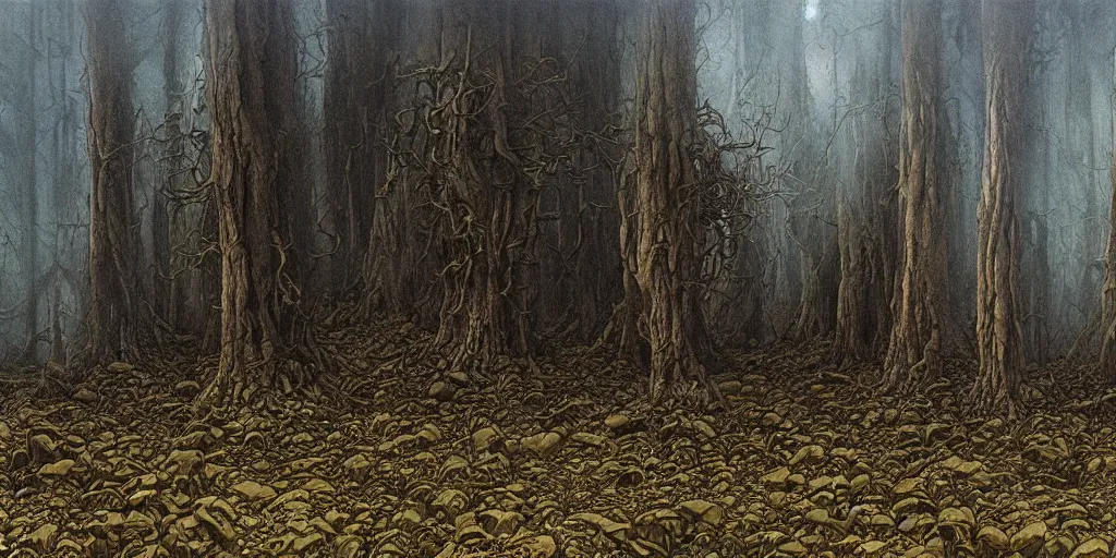 Image similar to artwork by john howe of the cinematic view of a desolate, radioactive forest