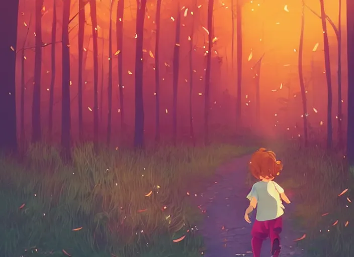 Image similar to little girl with short wavy curly light brown hair chasing fireflies in the woods. clean cel shaded vector art. shutterstock. behance hd by lois van baarle, artgerm, helen huang, by makoto shinkai and ilya kuvshinov, rossdraws, illustration, art by ilya kuvshinov