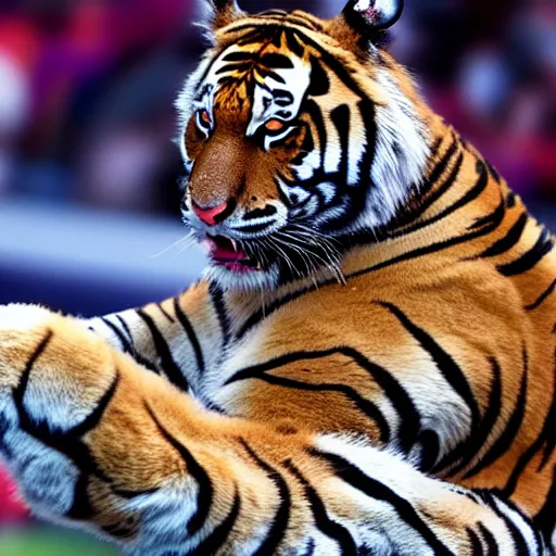 Prompt: a tiger ballerina, award winning photograph, ESPN, Olympics, 60mm