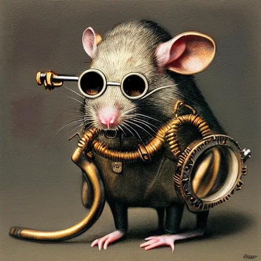 Image similar to a rat with steampunk googles, by Dan Witz