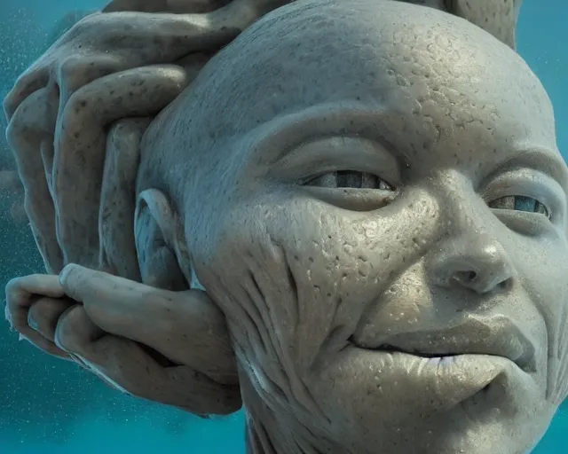 Prompt: a giant sculpture made out of of gelatin in a human head shape, on the surface of the ocean, in the style of chad knight, long shot, hyper detailed, hyper realistic, ray tracing, 8 k resolution, sharp focus, realistic water, award winning sculpture