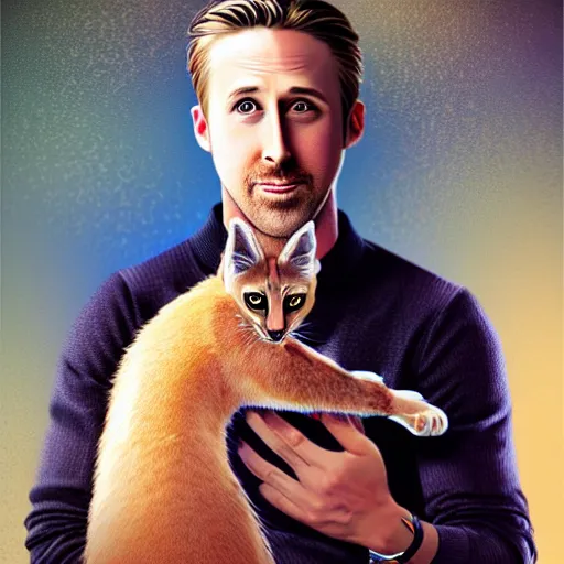 Image similar to Ryan Gosling holds a caracal cat in his hands, ultra highly detailed, smooth, sharp focus, digital art, digital painting, fan art, elegant, artstation