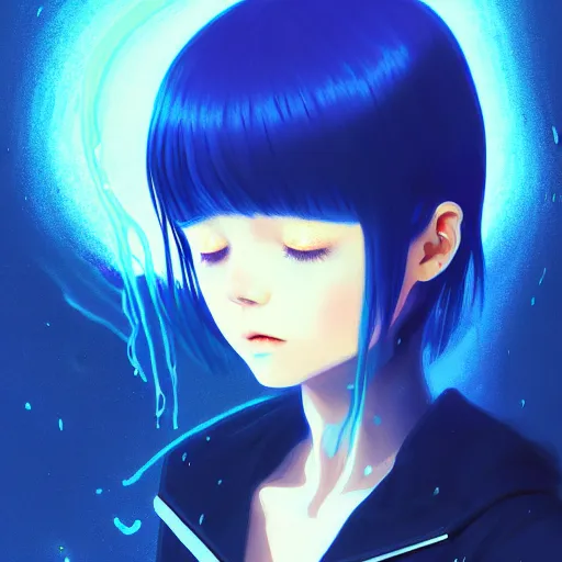 Image similar to blue slime swirling around rimuru tempest crying, enveloped in ghosts, sky blue straight hair, bangs, with amber eyes, black jacket, high collar, ultra fine detaile, dark theme, digital painting, psychedelic, cinematic, wlop, pixiv, ilya kuvshinov, ross tran