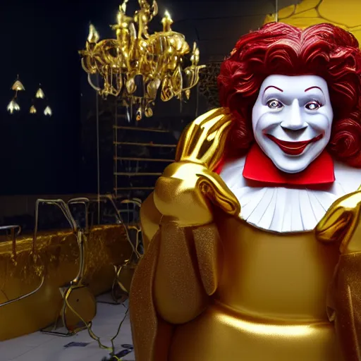 Image similar to a still of ronald mcdonald surrounded by gold and diamonds, award - winning, photograph, 3 d render, unreal engine, 4 k detailed