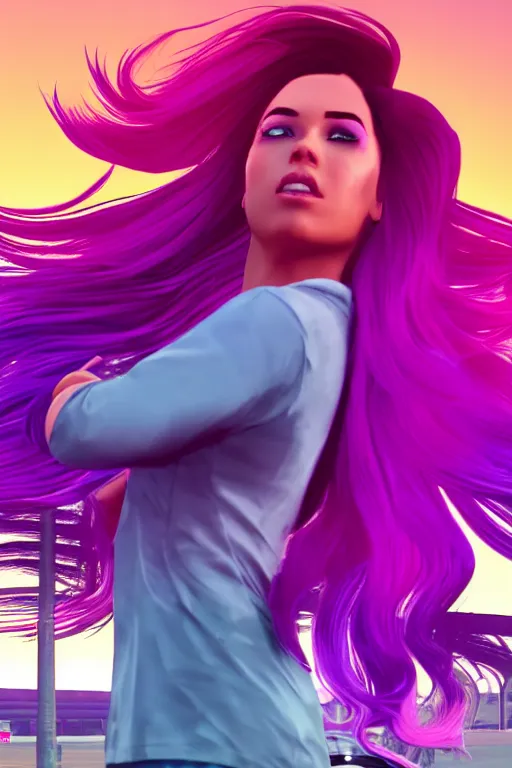 Image similar to a beautiful dancing woman with ombre purple pink hairstyle in a stunning GTA V loading screen, hair blowing in the wind, sunset mood, outrun, vaporware, retro, digital art, trending on artstation