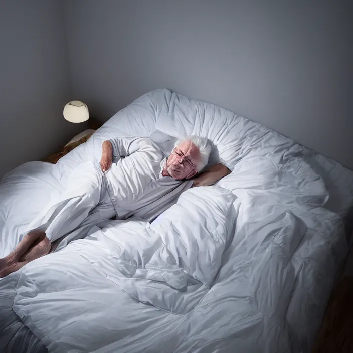 Prompt: a 7 0 year old white haired man lays on a bed, a transparent iridescent figure levitates above him, by clemens ascher, canon eos c 3 0 0, ƒ 1. 8, 3 5 mm, 8 k, medium - format print