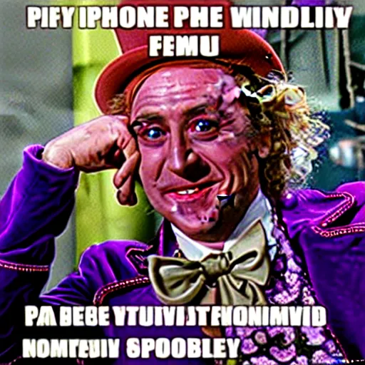 Image similar to willy wonka and the iphone factory