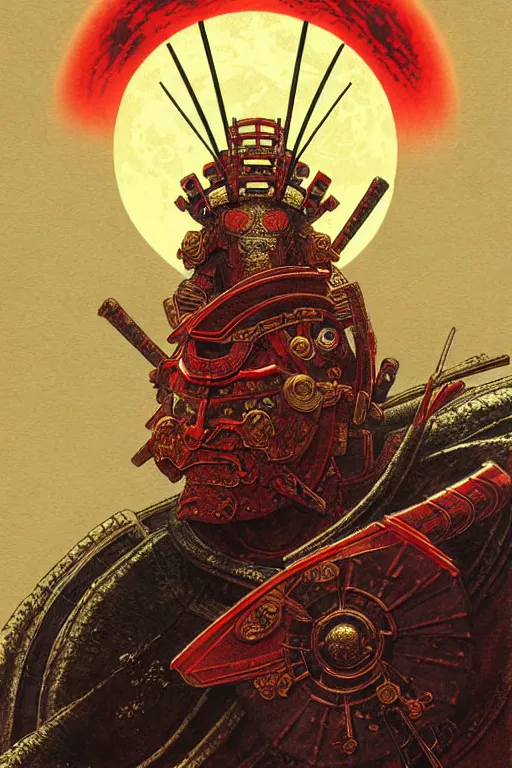 Image similar to japanese shogun, character portrait, portrait, close up, concept art, intricate details, highly detailed, blood moon background, soft light, vintage sci - fi poster, in the style of chris foss, rodger dean, moebius, michael whelan, and gustave dore