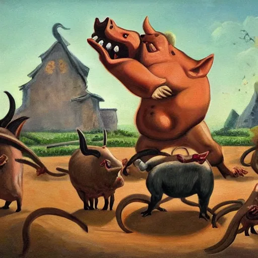 Image similar to an odd painting of a giant hog man summoning a mini devil pig while a rat army runs away