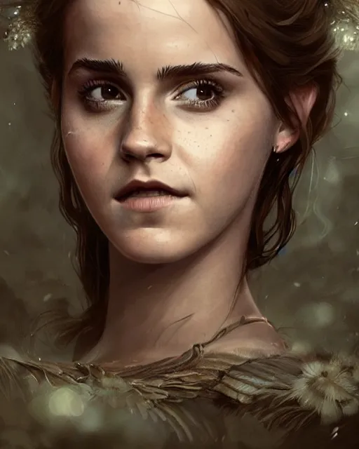 Image similar to emma watson as a fairy, hyper realistic face, beautiful eyes, fantasy art, in the style of greg rutkowski, intricate, hyper detailed, smooth