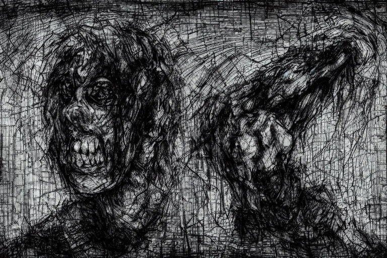 Image similar to found footage of a terrifying cryptic monster, dark deep black shadows, in the style of trevor henderson and james ensor goya, liminal space, 3 d render, glitch effect