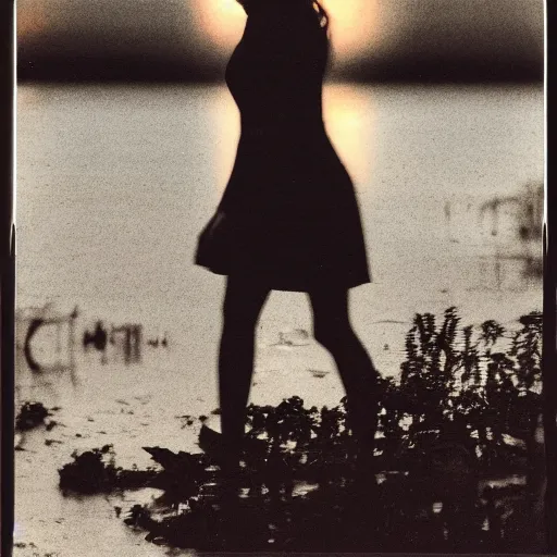 Image similar to night time, emma watson rising out of muddy vietnam river, face covered in mud, low camera angle at water level, night time, dark, polaroid, 2 0 0 mm zoom,