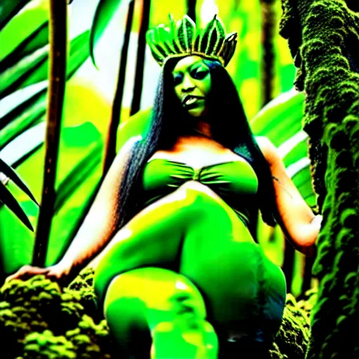 Prompt: a green queen make the jungle alive, professional photography