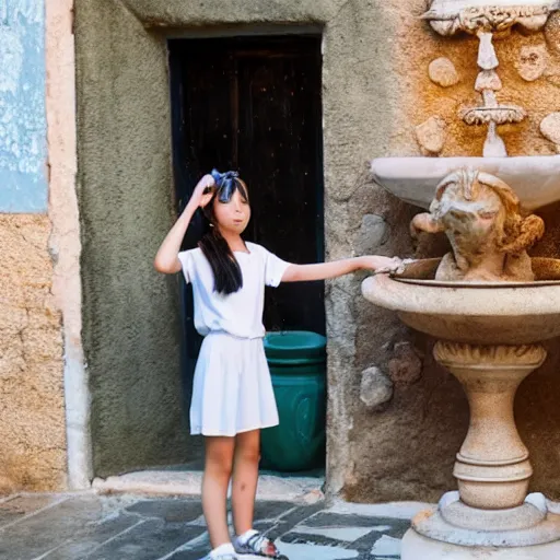 Image similar to anime girl in a greek attire pouring water out of a vase into a fountain, spanish alleyway