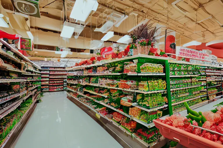 Image similar to 2001 y2k grocery store made of cactus, cactai repeats endlessly 85mm f/11 interior photography two point perspective,